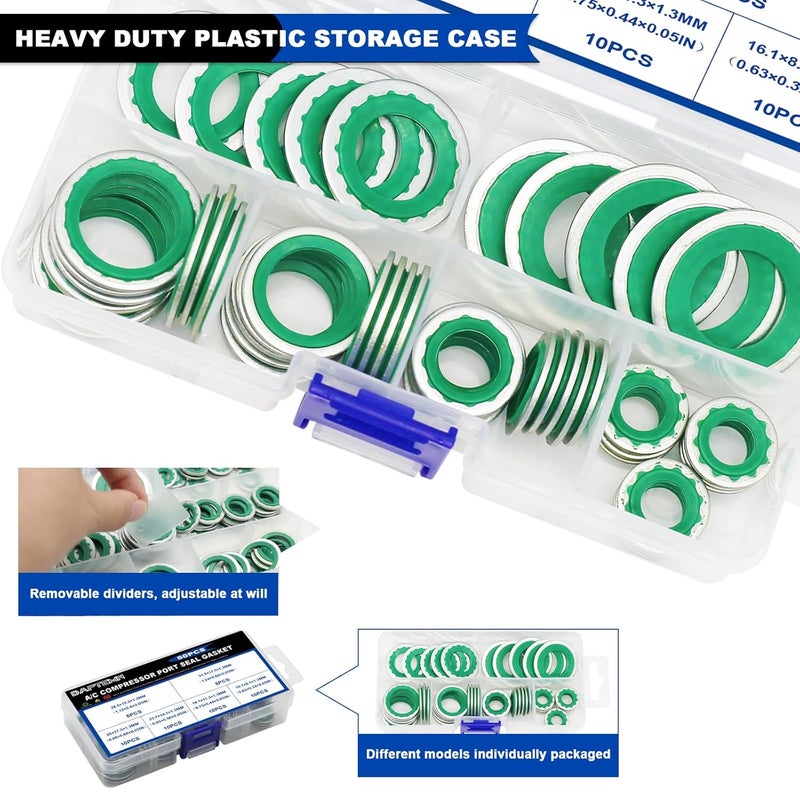 Daptemn 50PCS A/C Compressor Bonded Seal Washers Assortment Kit, 6 Sizes Air Conditioning Compressor Port Gasket Repairs Universal Automotive Self-Centered Washers (ID: 8mm-17.5mm) (Green) - Image 5